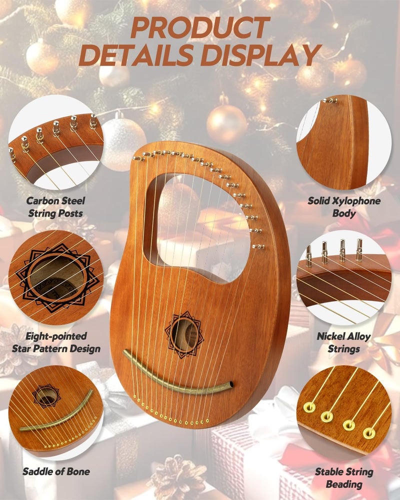 STRICH Lyre Harp, 16 Strings, Mahogany, Copper Saddle Lyre Harp Set with Spare Metal Strings, Tuning Wrench, Black Custom Gig Bag and Manual - Image 5